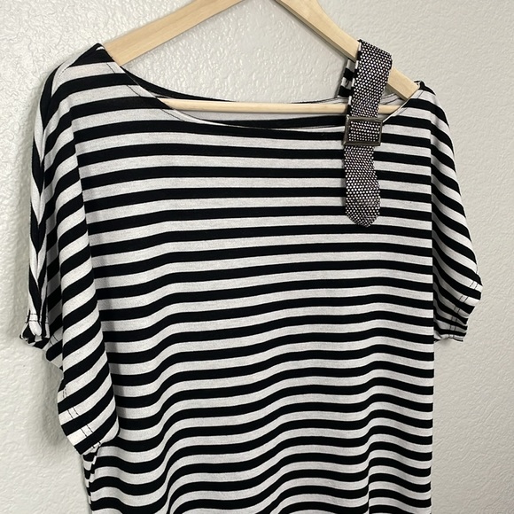 Striped Tee with Sparkle Shoulder Detail | Black & White | Large - Picture 2 of 7